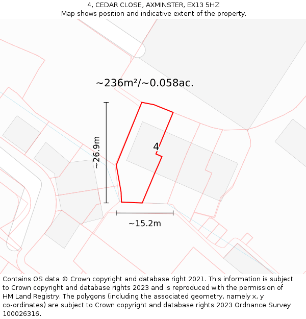 4, CEDAR CLOSE, AXMINSTER, EX13 5HZ: Plot and title map