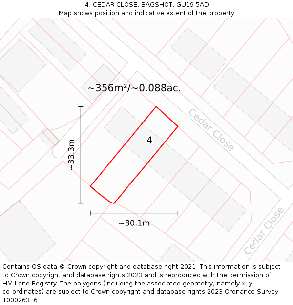 4, CEDAR CLOSE, BAGSHOT, GU19 5AD: Plot and title map