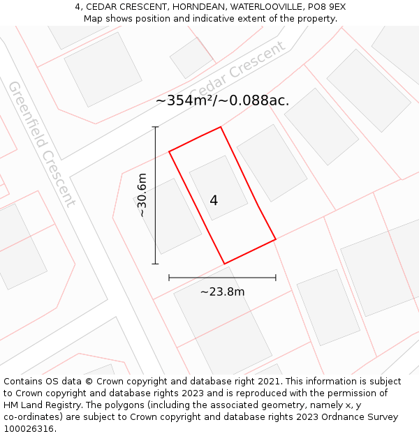 4, CEDAR CRESCENT, HORNDEAN, WATERLOOVILLE, PO8 9EX: Plot and title map