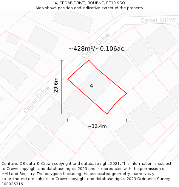 4, CEDAR DRIVE, BOURNE, PE10 9SQ: Plot and title map