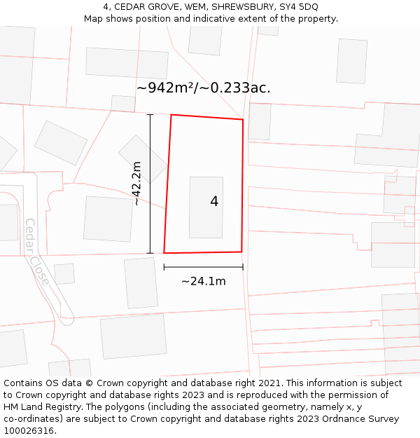 4, CEDAR GROVE, WEM, SHREWSBURY, SY4 5DQ: Plot and title map