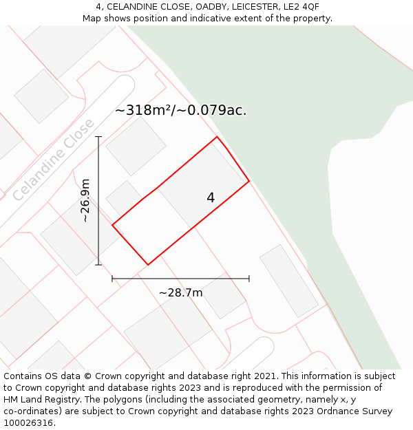 4, CELANDINE CLOSE, OADBY, LEICESTER, LE2 4QF: Plot and title map