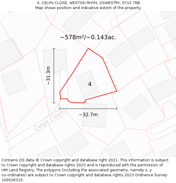 4, CELYN CLOSE, WESTON RHYN, OSWESTRY, SY10 7RB: Plot and title map