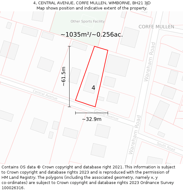 4, CENTRAL AVENUE, CORFE MULLEN, WIMBORNE, BH21 3JD: Plot and title map