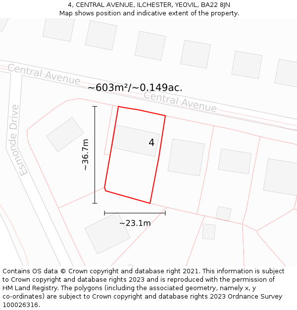 4, CENTRAL AVENUE, ILCHESTER, YEOVIL, BA22 8JN: Plot and title map