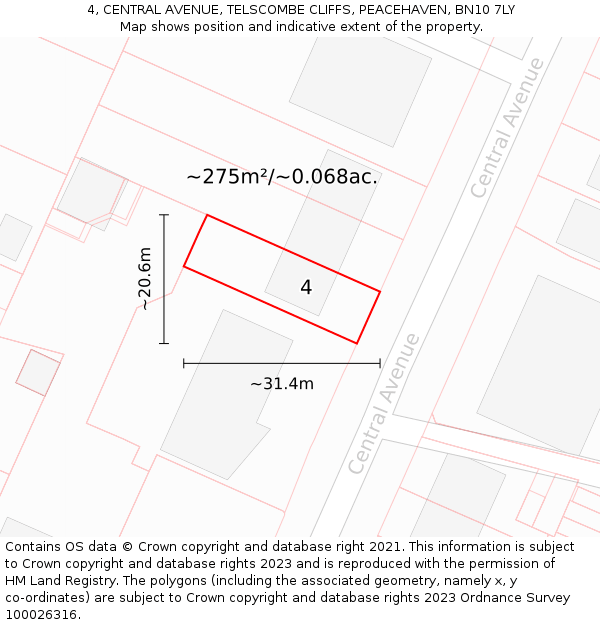 4, CENTRAL AVENUE, TELSCOMBE CLIFFS, PEACEHAVEN, BN10 7LY: Plot and title map