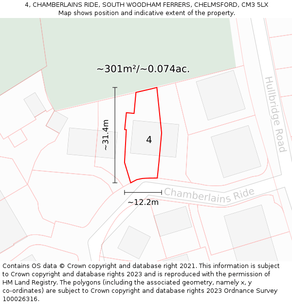 4, CHAMBERLAINS RIDE, SOUTH WOODHAM FERRERS, CHELMSFORD, CM3 5LX: Plot and title map