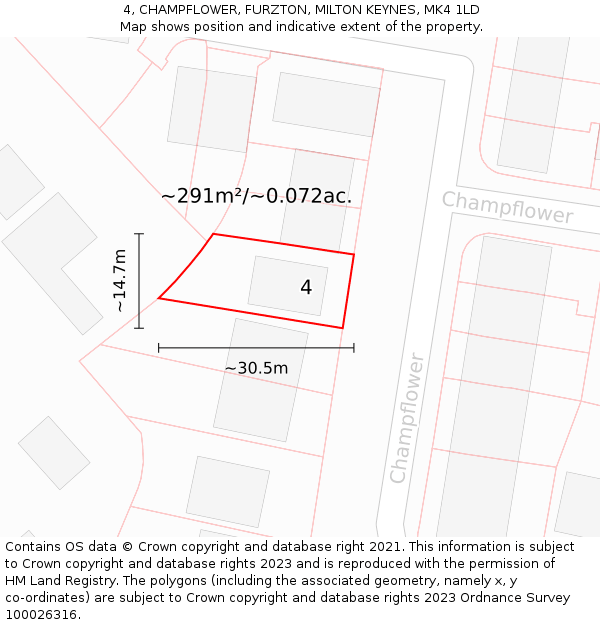 4, CHAMPFLOWER, FURZTON, MILTON KEYNES, MK4 1LD: Plot and title map