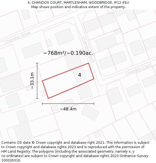 4, CHANDOS COURT, MARTLESHAM, WOODBRIDGE, IP12 4SU: Plot and title map