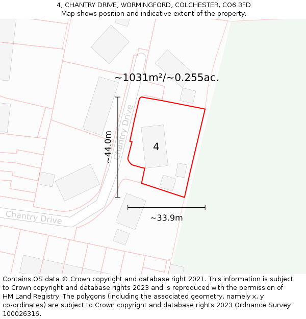 4, CHANTRY DRIVE, WORMINGFORD, COLCHESTER, CO6 3FD: Plot and title map