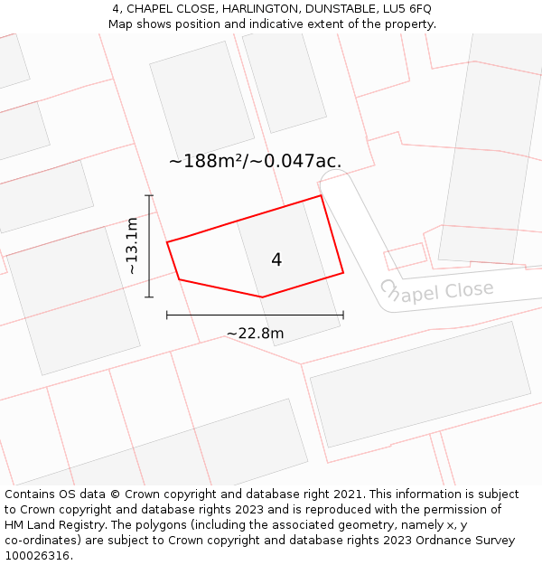 4, CHAPEL CLOSE, HARLINGTON, DUNSTABLE, LU5 6FQ: Plot and title map