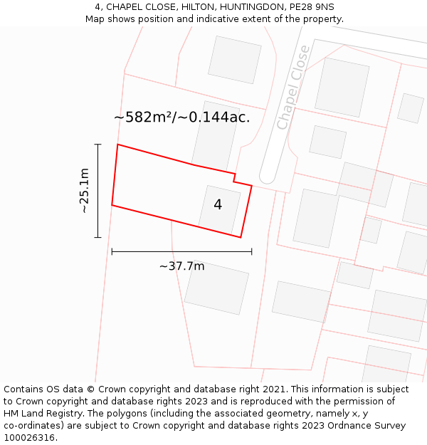 4, CHAPEL CLOSE, HILTON, HUNTINGDON, PE28 9NS: Plot and title map