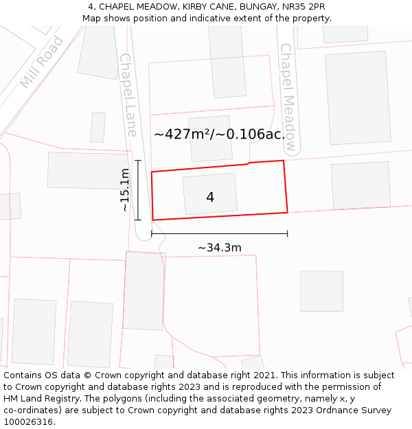 4, CHAPEL MEADOW, KIRBY CANE, BUNGAY, NR35 2PR: Plot and title map