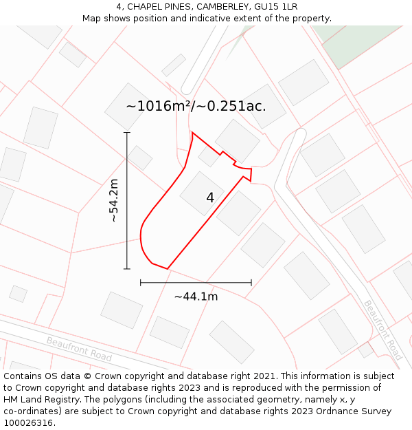 4, CHAPEL PINES, CAMBERLEY, GU15 1LR: Plot and title map