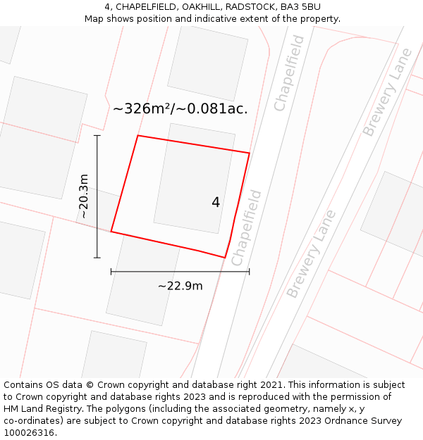 4, CHAPELFIELD, OAKHILL, RADSTOCK, BA3 5BU: Plot and title map