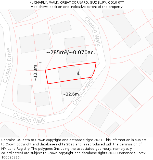 4, CHAPLIN WALK, GREAT CORNARD, SUDBURY, CO10 0YT: Plot and title map