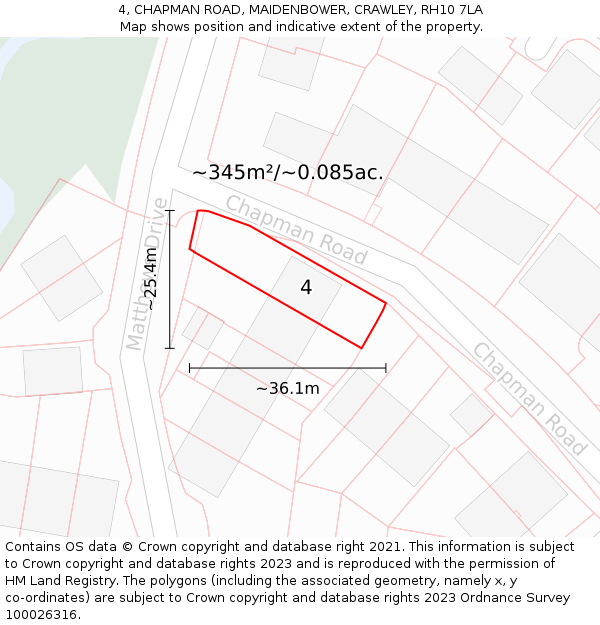 4, CHAPMAN ROAD, MAIDENBOWER, CRAWLEY, RH10 7LA: Plot and title map