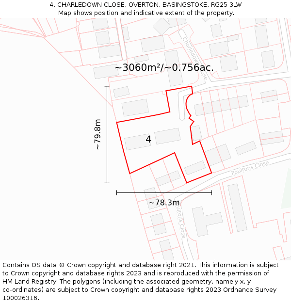 4, CHARLEDOWN CLOSE, OVERTON, BASINGSTOKE, RG25 3LW: Plot and title map