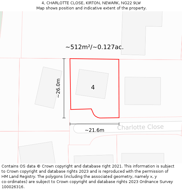 4, CHARLOTTE CLOSE, KIRTON, NEWARK, NG22 9LW: Plot and title map