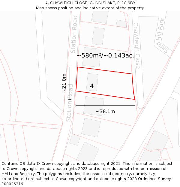 4, CHAWLEIGH CLOSE, GUNNISLAKE, PL18 9DY: Plot and title map