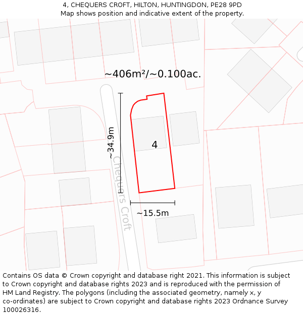 4, CHEQUERS CROFT, HILTON, HUNTINGDON, PE28 9PD: Plot and title map