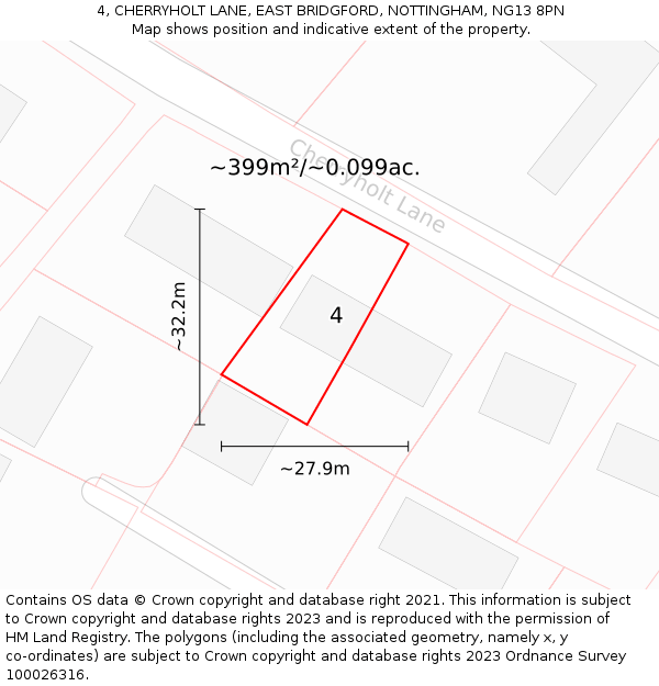 4, CHERRYHOLT LANE, EAST BRIDGFORD, NOTTINGHAM, NG13 8PN: Plot and title map