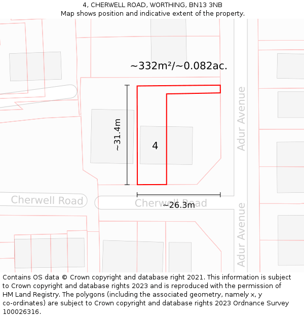 4, CHERWELL ROAD, WORTHING, BN13 3NB: Plot and title map