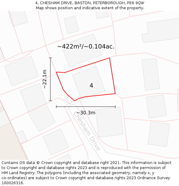 4, CHESHAM DRIVE, BASTON, PETERBOROUGH, PE6 9QW: Plot and title map