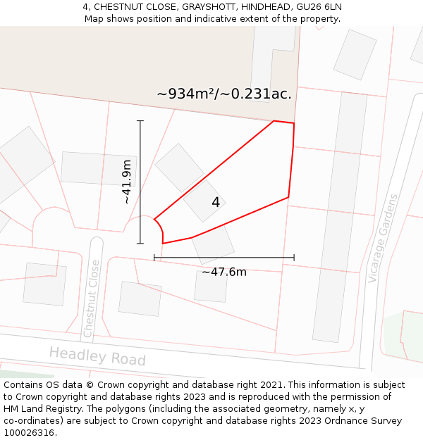 4, CHESTNUT CLOSE, GRAYSHOTT, HINDHEAD, GU26 6LN: Plot and title map