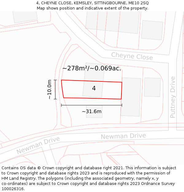 4, CHEYNE CLOSE, KEMSLEY, SITTINGBOURNE, ME10 2SQ: Plot and title map