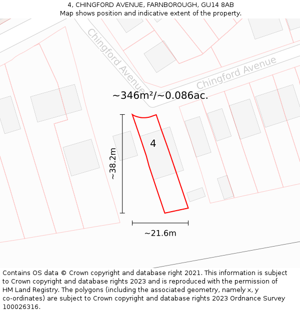 4, CHINGFORD AVENUE, FARNBOROUGH, GU14 8AB: Plot and title map