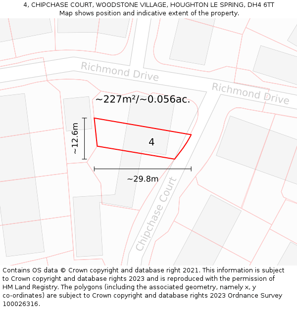 4, CHIPCHASE COURT, WOODSTONE VILLAGE, HOUGHTON LE SPRING, DH4 6TT: Plot and title map