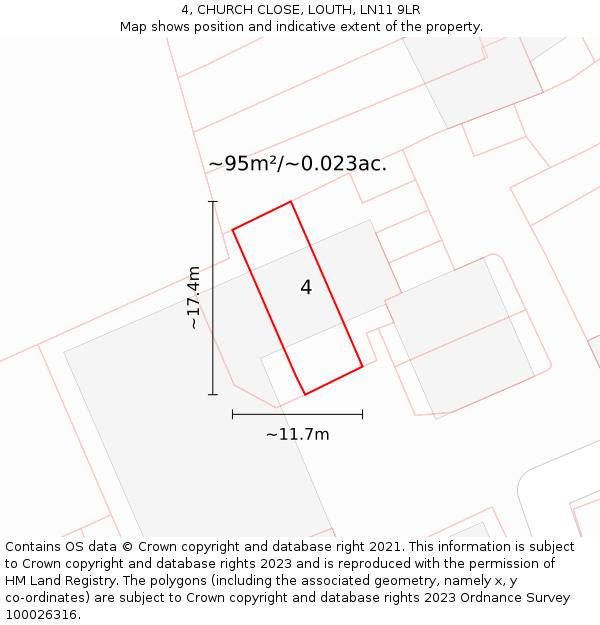 4, CHURCH CLOSE, LOUTH, LN11 9LR: Plot and title map