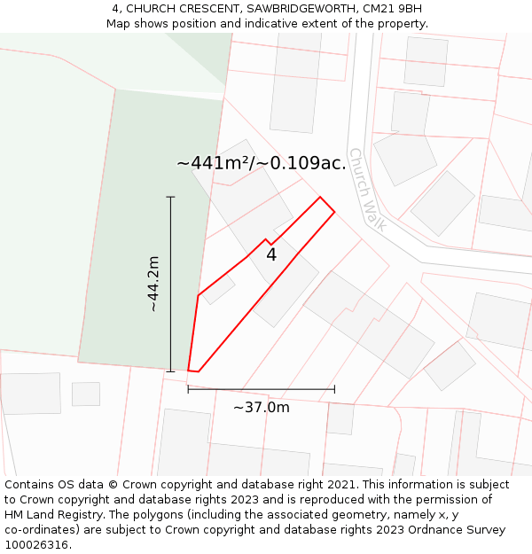 4, CHURCH CRESCENT, SAWBRIDGEWORTH, CM21 9BH: Plot and title map