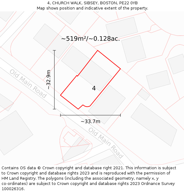 4, CHURCH WALK, SIBSEY, BOSTON, PE22 0YB: Plot and title map