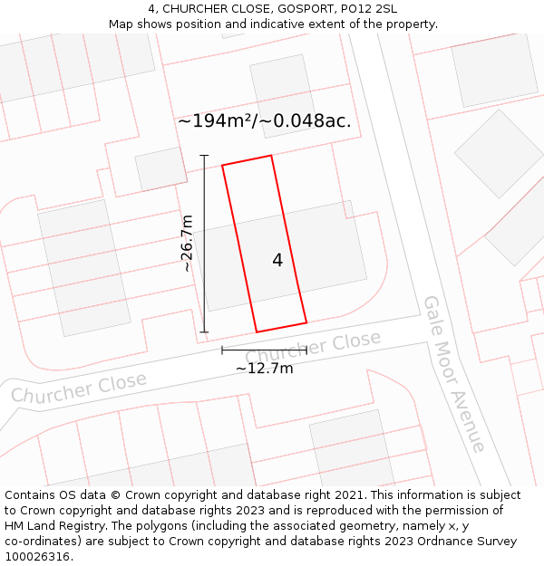 4, CHURCHER CLOSE, GOSPORT, PO12 2SL: Plot and title map