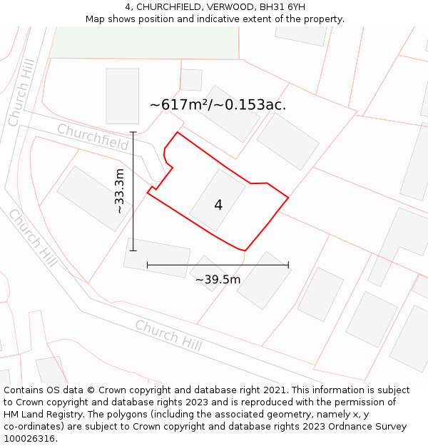 4, CHURCHFIELD, VERWOOD, BH31 6YH: Plot and title map