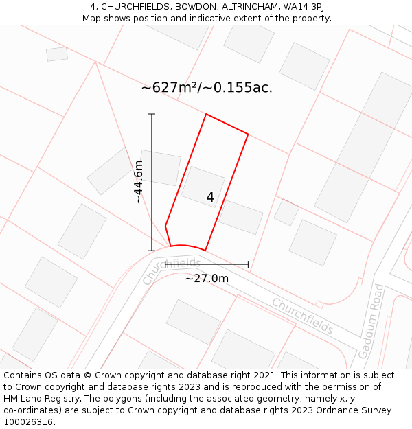 4, CHURCHFIELDS, BOWDON, ALTRINCHAM, WA14 3PJ: Plot and title map