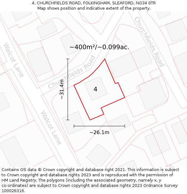 4, CHURCHFIELDS ROAD, FOLKINGHAM, SLEAFORD, NG34 0TR: Plot and title map