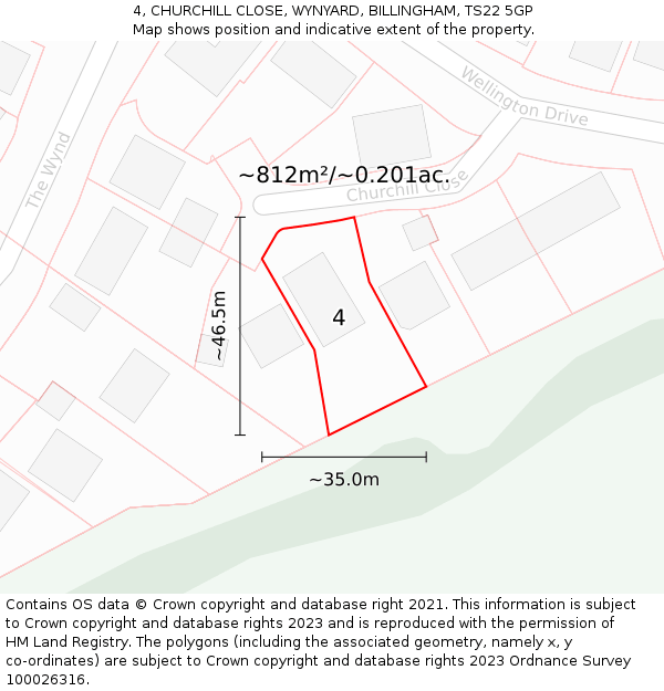 4, CHURCHILL CLOSE, WYNYARD, BILLINGHAM, TS22 5GP: Plot and title map