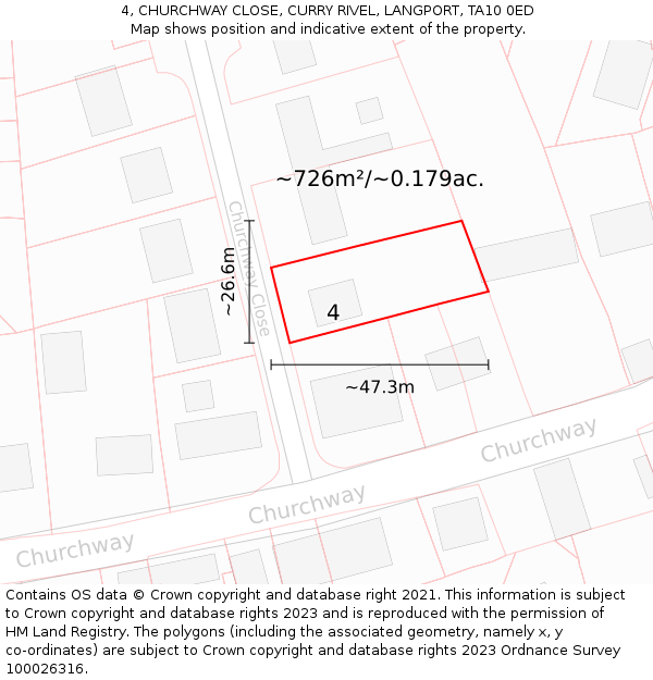 4, CHURCHWAY CLOSE, CURRY RIVEL, LANGPORT, TA10 0ED: Plot and title map