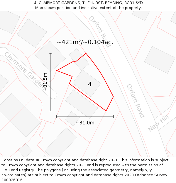 4, CLAIRMORE GARDENS, TILEHURST, READING, RG31 6YD: Plot and title map