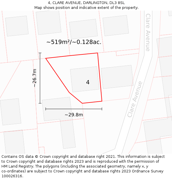 4, CLARE AVENUE, DARLINGTON, DL3 8SL: Plot and title map