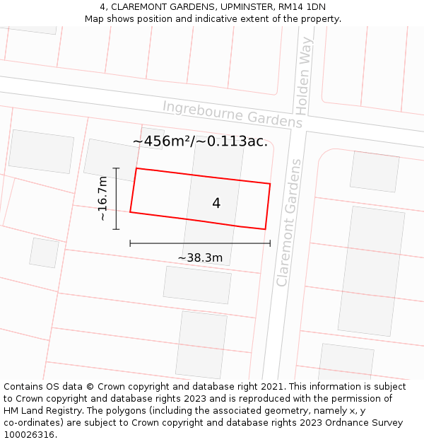 4, CLAREMONT GARDENS, UPMINSTER, RM14 1DN: Plot and title map