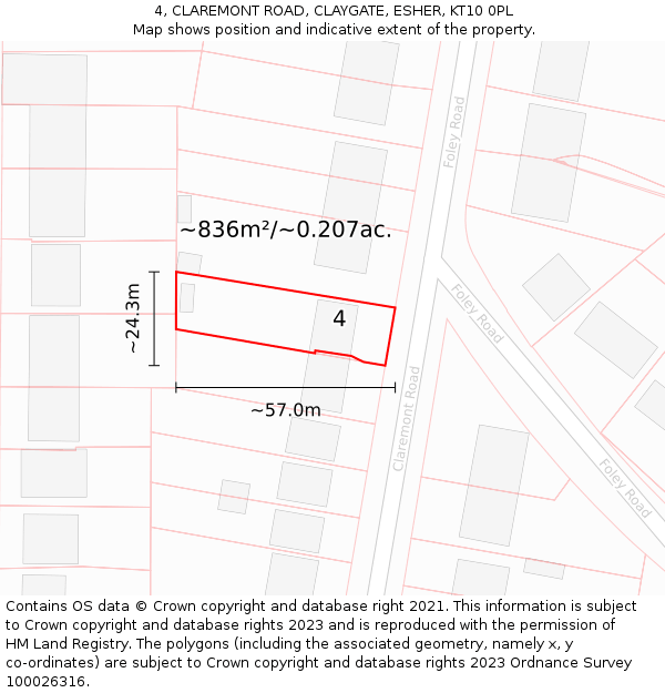 4, CLAREMONT ROAD, CLAYGATE, ESHER, KT10 0PL: Plot and title map