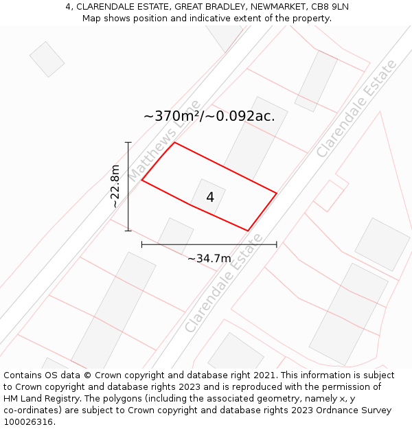 4, CLARENDALE ESTATE, GREAT BRADLEY, NEWMARKET, CB8 9LN: Plot and title map