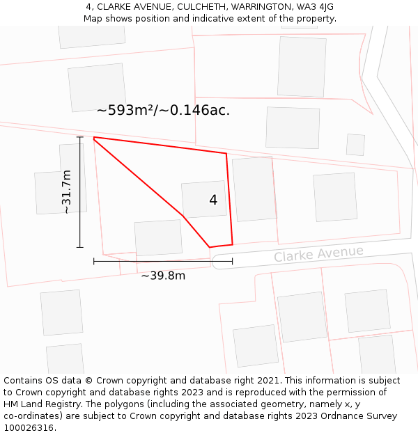 4, CLARKE AVENUE, CULCHETH, WARRINGTON, WA3 4JG: Plot and title map