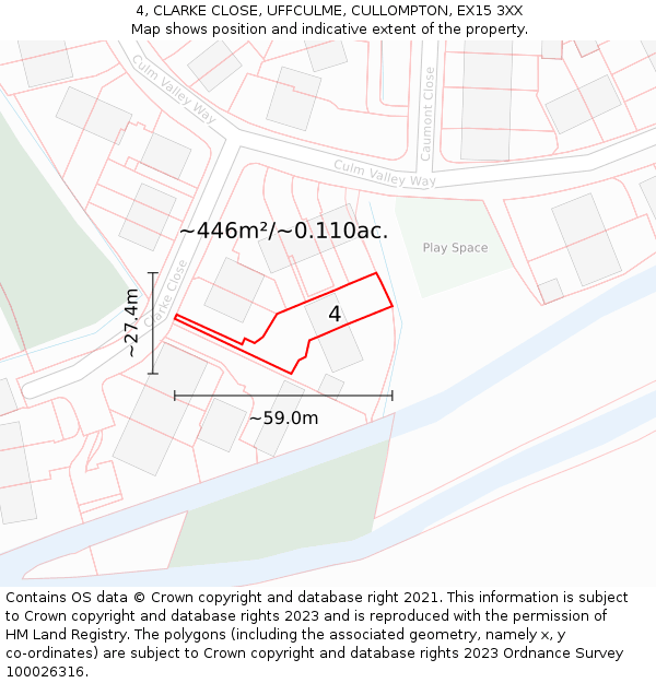 4, CLARKE CLOSE, UFFCULME, CULLOMPTON, EX15 3XX: Plot and title map