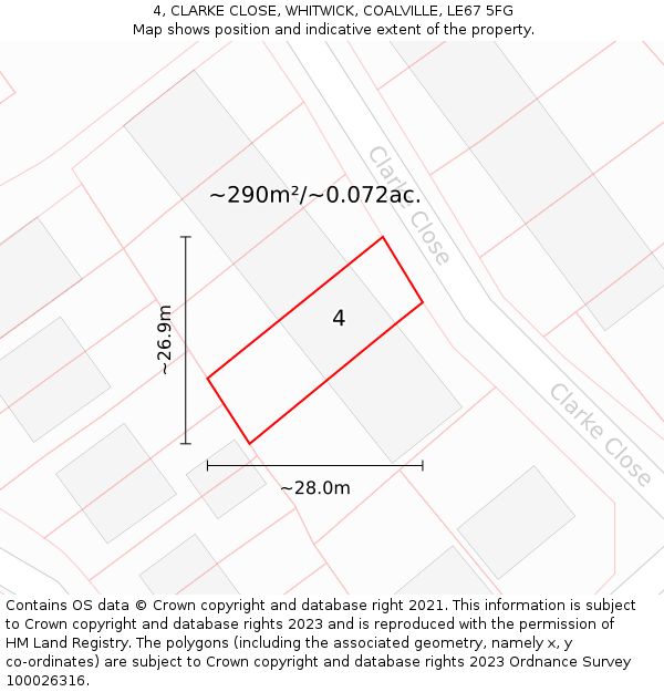 4, CLARKE CLOSE, WHITWICK, COALVILLE, LE67 5FG: Plot and title map