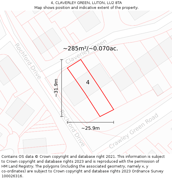 4, CLAVERLEY GREEN, LUTON, LU2 8TA: Plot and title map